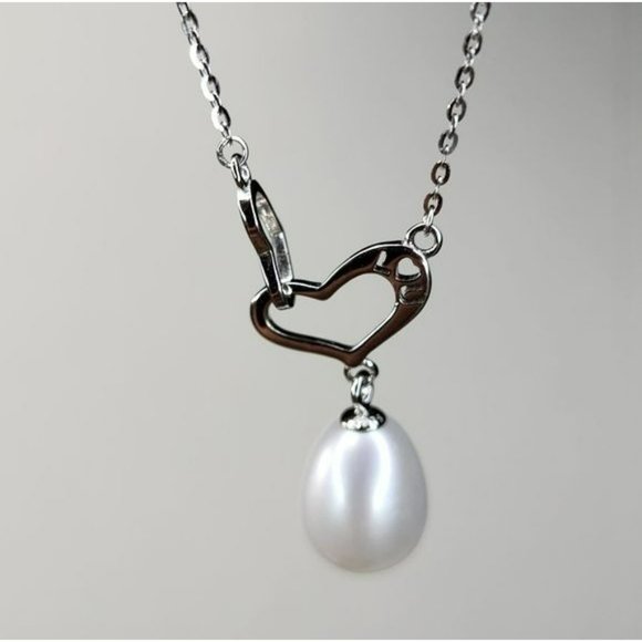 Stamped I‎ LOVE U 925S Silver Drop Freshwater Pearl Pendant Heart Necklace - Picture 7 of 16